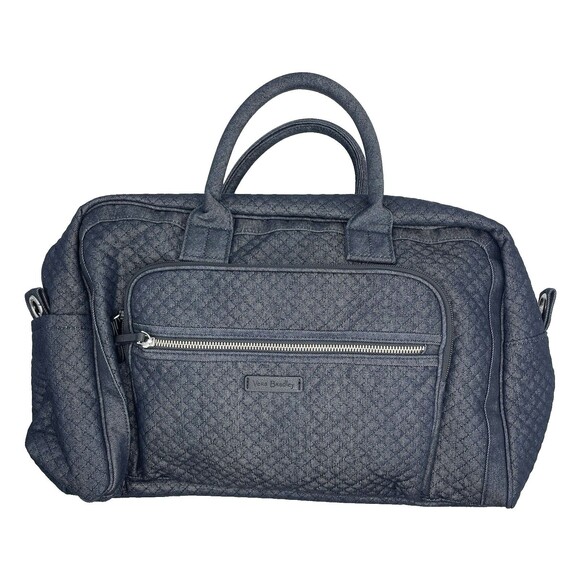 Vera Bradley Iconic Weekender Travel Bag Black Blue Quilted Denim 16x10x7 - Picture 1 of 12